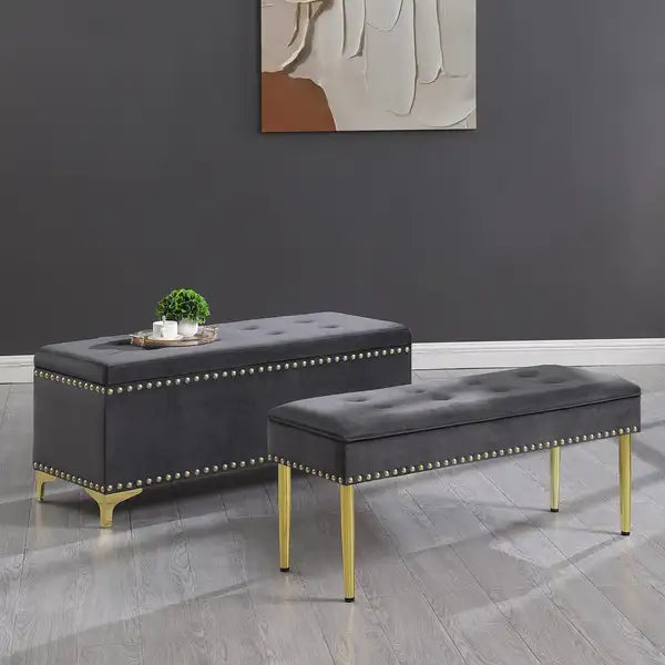 Velvet Storage Bench with Gold Legs - Tufted, Nailhead Trim, 250lb Capacity