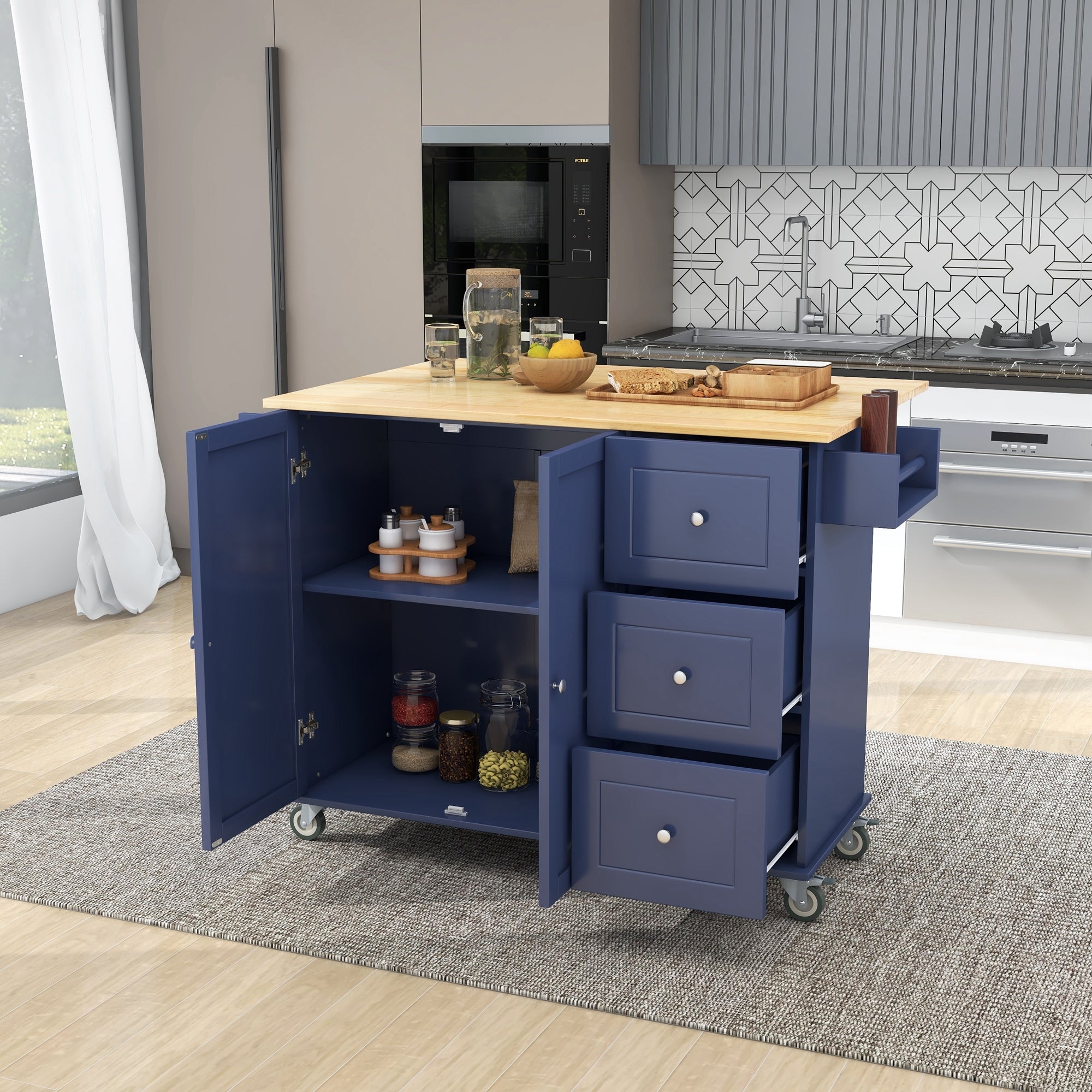 Rolling Kitchen Island with Drop Leaf - Solid Wood Top, Storage Cabinet, Locking Wheels (52.7", Dark Blue)