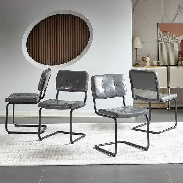 Modern Dining Chairs Set of 4, Light Grey PU Leather, Black Metal Frame