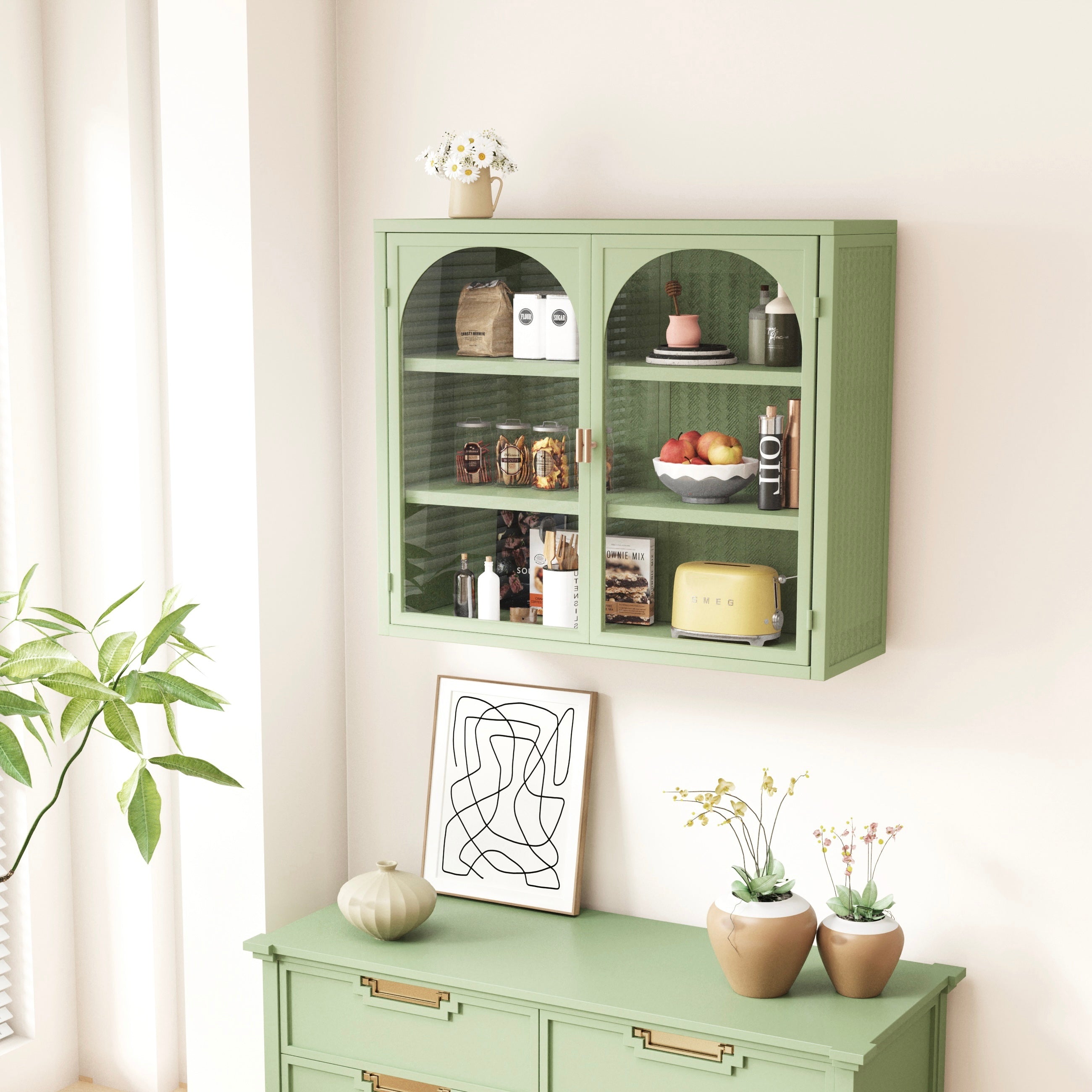 Modern Wall Cabinet with Woven Pattern - 27.56" Glass Doors, 3-Tier Storage - Green