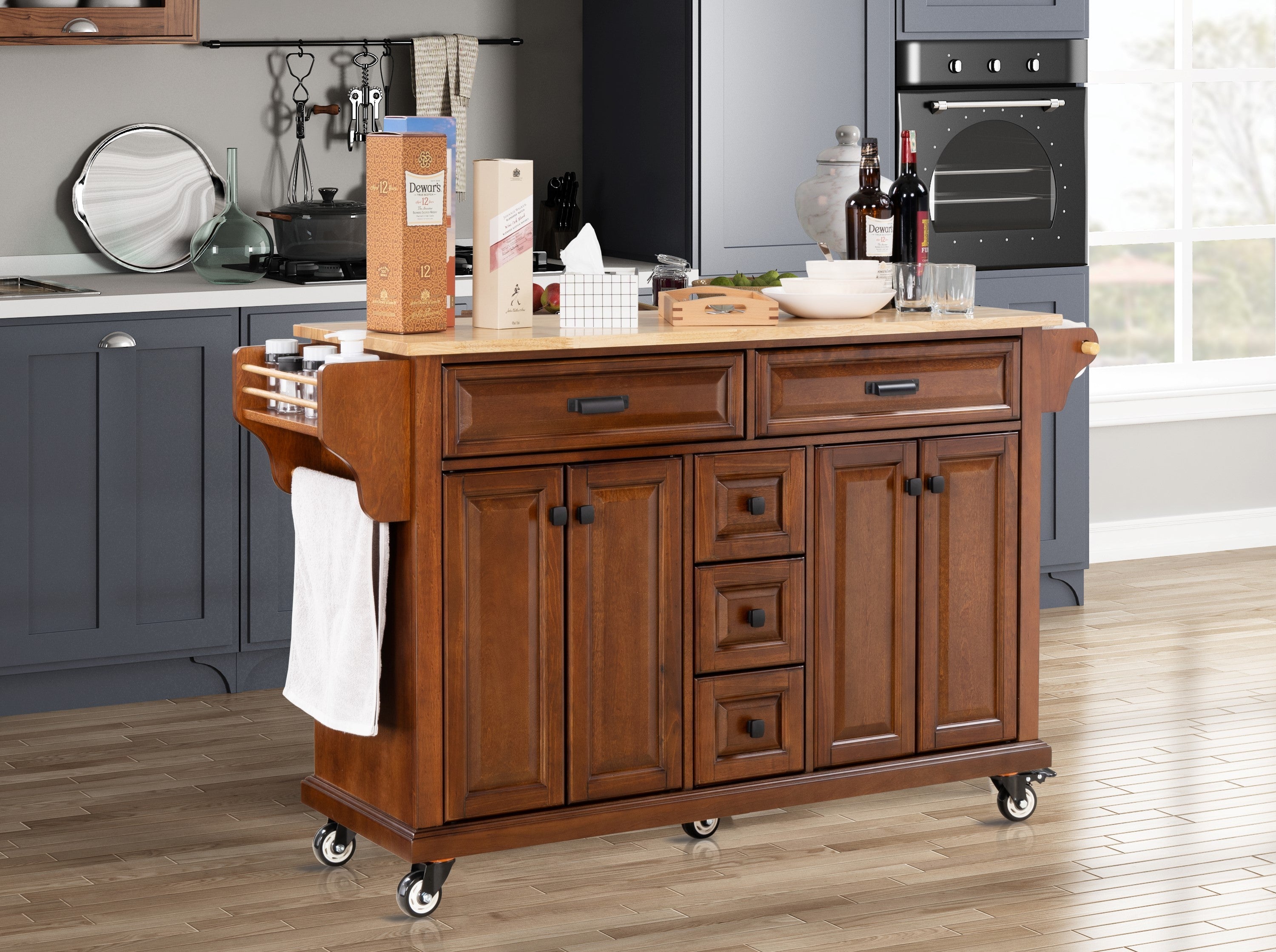 Mahogany Kitchen Island with Rubberwood Countertop, 5 Wheels, Storage & Drawers