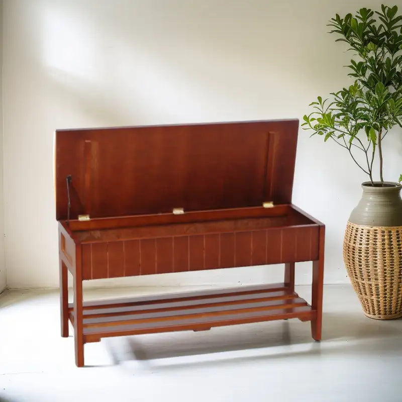 Cherry Wood Shoe Bench with Storage - Solid Wood Entryway Organizer