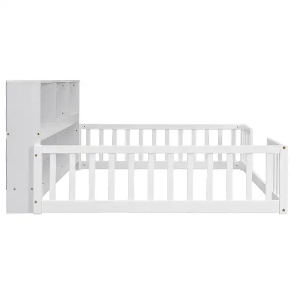 Full Size Platform Bed with Bookcase, Shelves, Guardrails - White - Minihomy