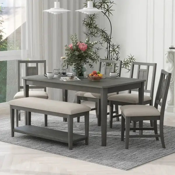 TREXM 6-Piece Retro Dining Set with Bench & Shelf - Dark Gray