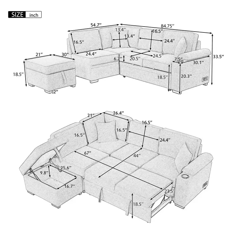 Beige L-Shaped Sleeper Sofa Bed with Storage Ottoman - 84.75"