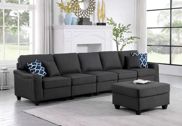 Leo 6-Seater Linen Sofa & Ottoman - 145" Dark Gray