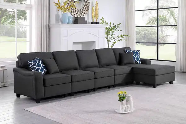 Leo 6-Seater Linen Sofa & Ottoman - 145" Dark Gray