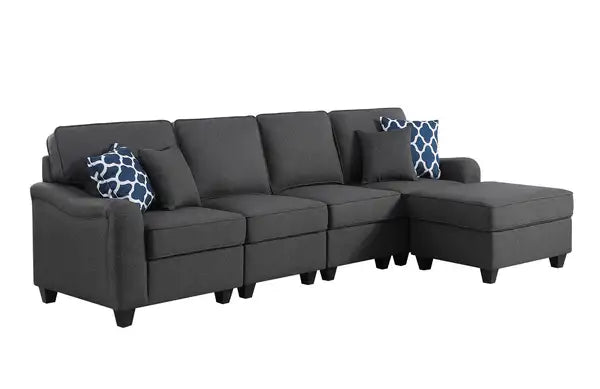 Leo 5-Seater Linen Sofa & Ottoman (119", Dark Gray)