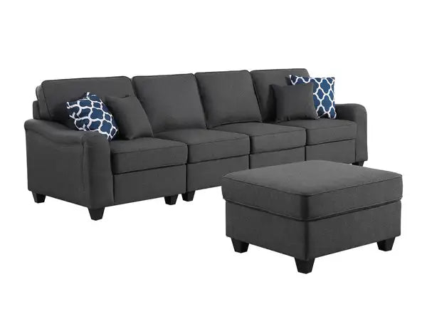 Leo 119" Dark Gray Linen 5-Seater Sofa & Ottoman