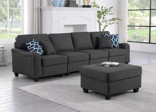 Leo 119" Dark Gray Linen 5-Seater Sofa & Ottoman