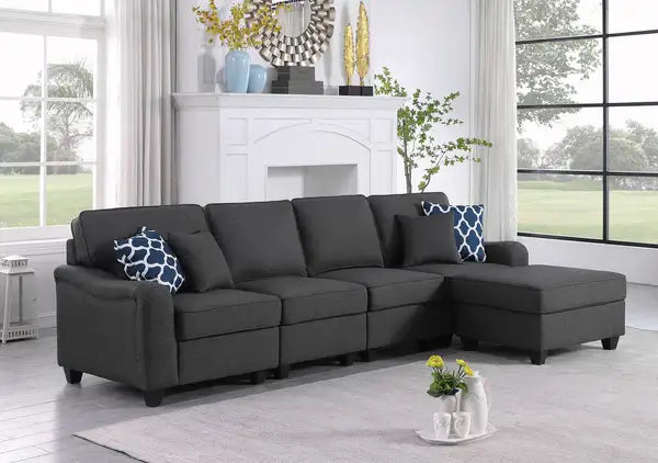 Leo 5-Seater Linen Sofa & Ottoman (119", Dark Gray)