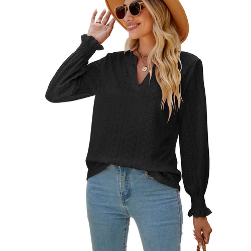 Solid Color Hollow-out Pleated Ruffle Shirts Sleeve V-neck Loose Long Sleeve Tops Women