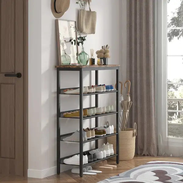 Rustic 5-Tier Shoe Rack | Industrial Metal Storage Organizer