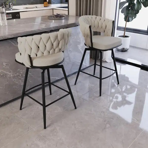 White Bar Stools Set of 2 - Swivel, Upholstered, Backrest & Footrest, Black Legs