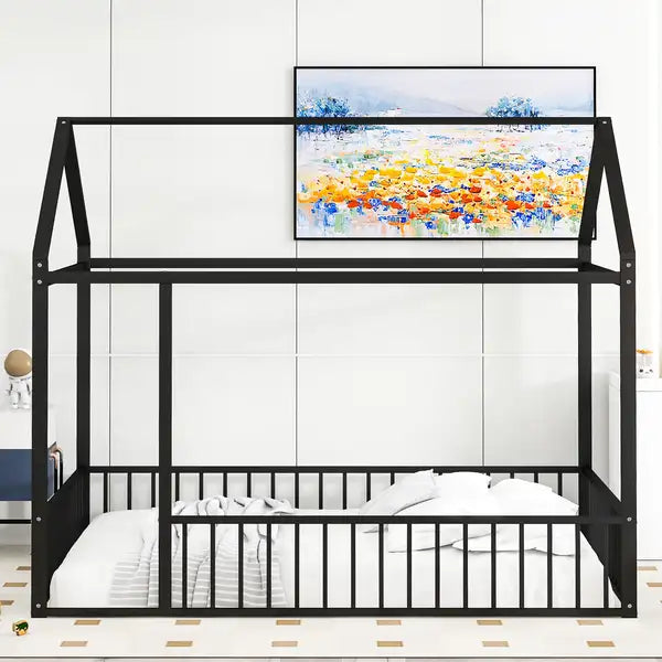 Full Size Metal Bed Frame with Fence for Kids & Teens - Black