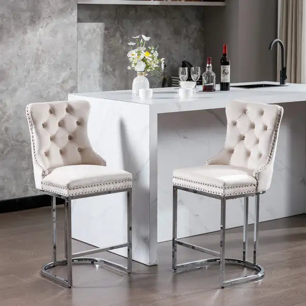 Beige Velvet Bar Stools (Set of 2) - 26" Counter Height - Minihomy