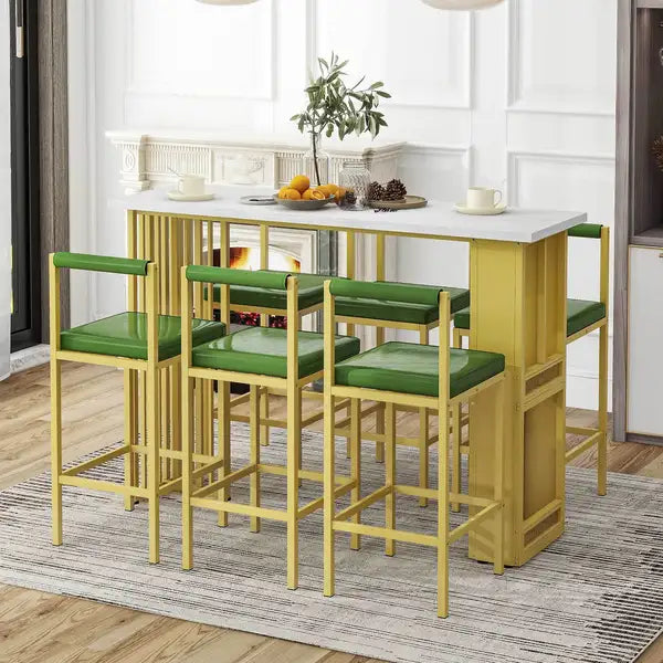 7-Piece Counter Height Dining Set with Upholstered Stools - White & Green - TREXM - Minihomy