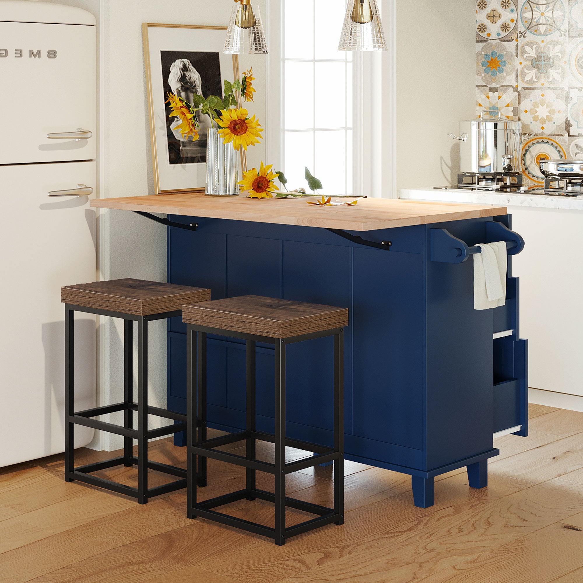 Farmhouse Kitchen Island Set with Drop Leaf, Storage, 2 Seats - Blue, Black, Brown