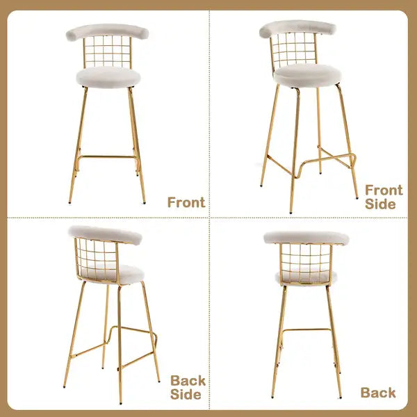 Luxury Velvet Bar Stools Set of 2, Beige - High Back Pub Chairs with Metal Legs for Kitchen Dining - Minihomy