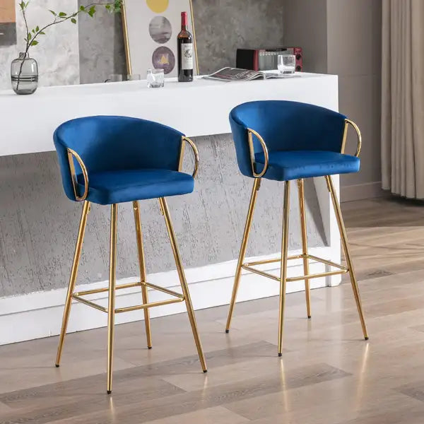 26 Inch Velvet Bar Stools Set of 2, Chrome Footrest, Golden Legs, Blue - Minihomy