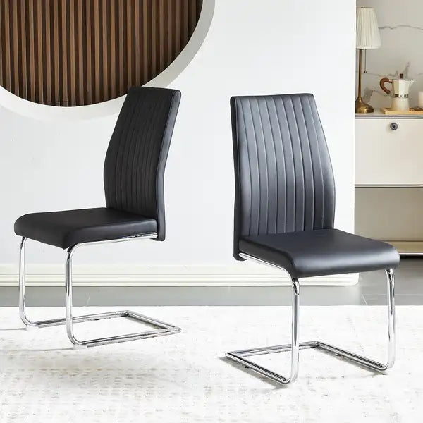 Modern Dining Chairs Set of 2, Black PU Leather with Chrome Metal Frame, Restaurant & Home - Minihomy