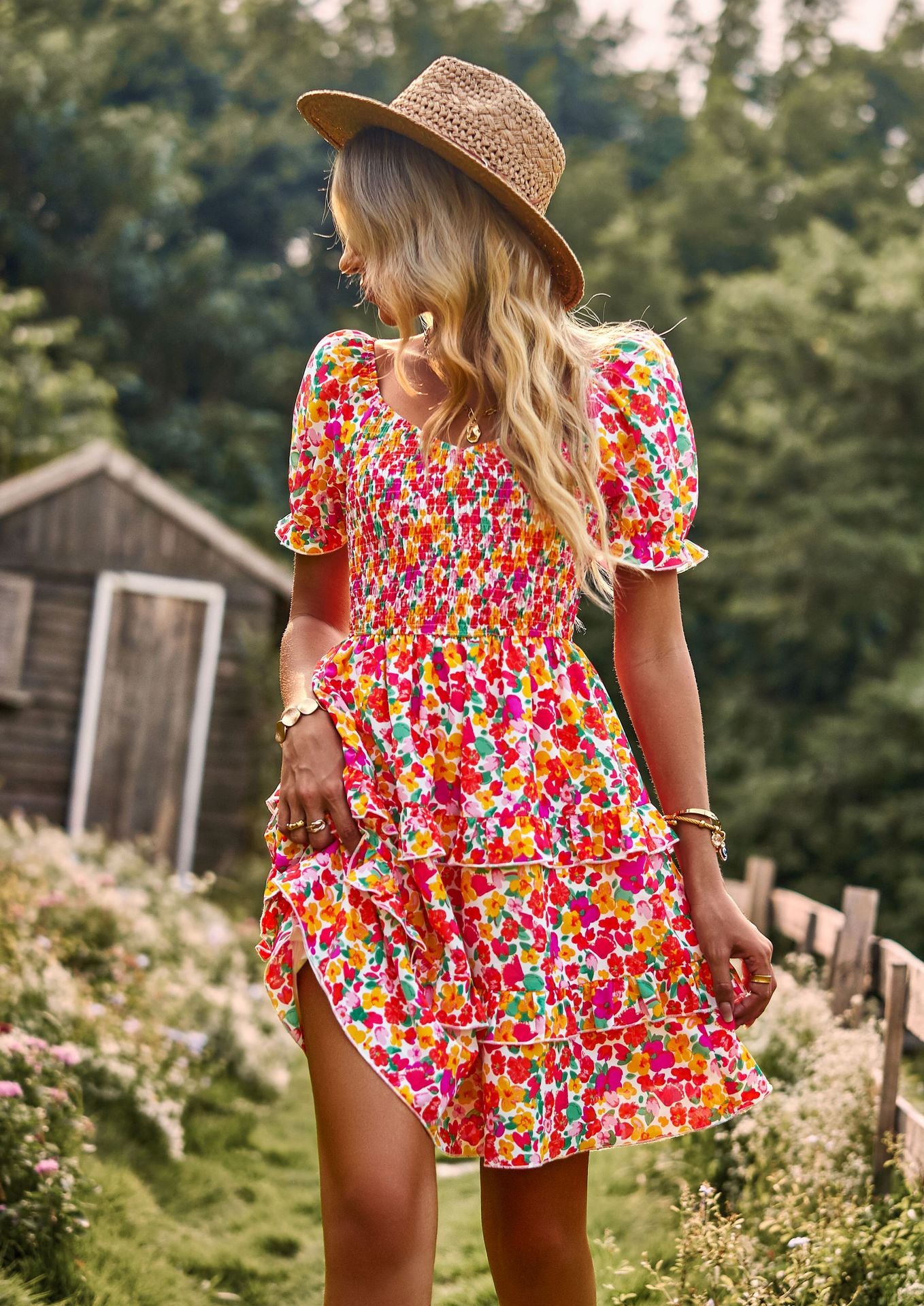 Floral Ruffle Summer Dress Short Sleeve Off Shoulder Mini Dress Beach