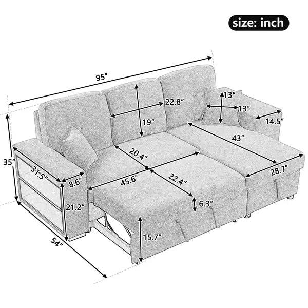 Reversible L-Shaped Sectional Sofa Bed with Storage & 2 Stools - Knox Charcoal