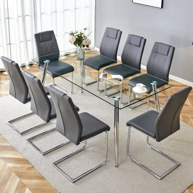 Modern Glass Dining Table Set with PU Cushioned Chairs - Silver Metal Legs