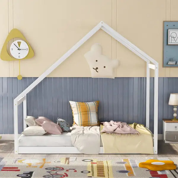 White Twin Wooden House Bed for Kids