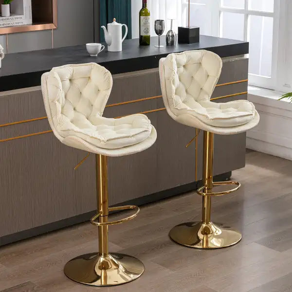 Set of 2 Swivel Bar Stools with Chrome Footrest - Velvet & Golden Leg, Height Adjustable, Cream