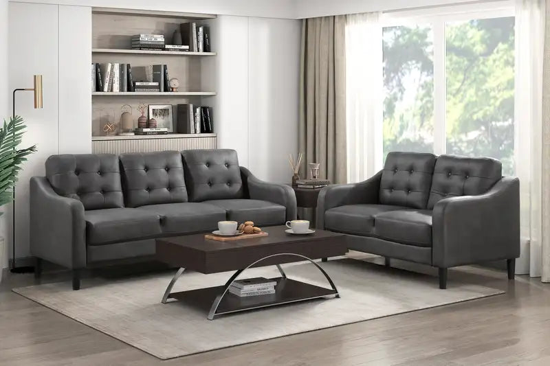 Gray Microfiber Sofa & Loveseat Set: Button Tufted, Solid Wood Frame