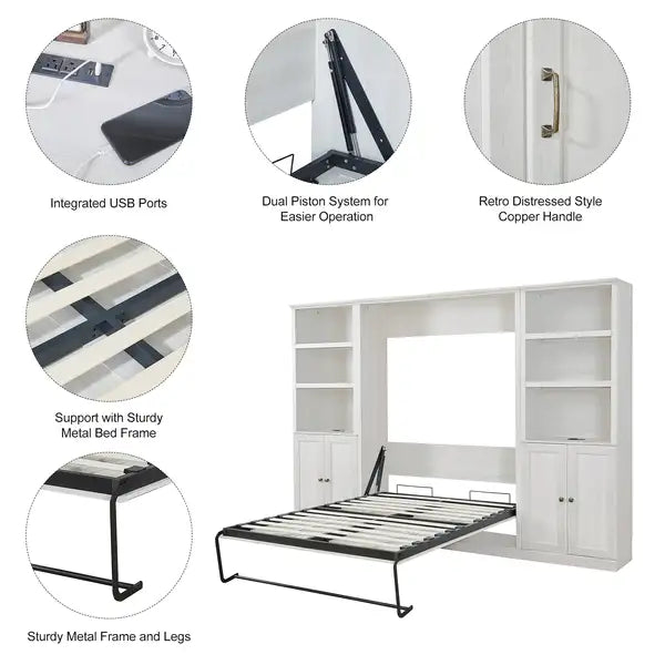 Full Size Murphy Bed with Storage | Space-Saving Bed for Guest Room, Home Office, Rustic White - Minihomy