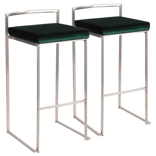 LumiSource Fuji Green Velvet Bar Stools - Set of 2 - Stainless Steel