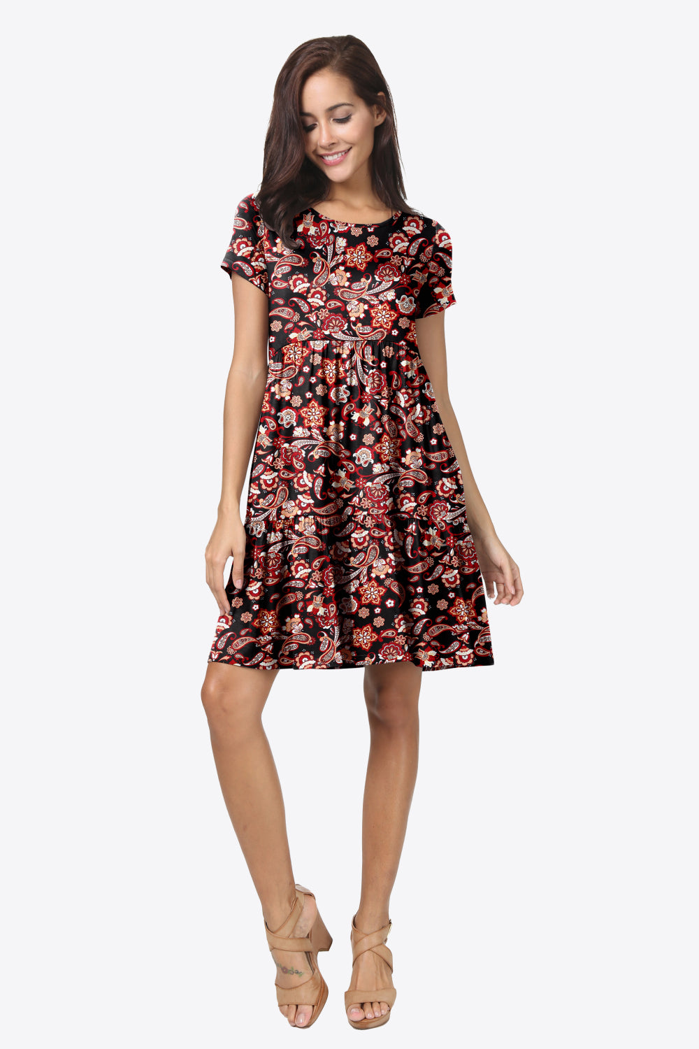 Printed Round Neck Short Sleeve Dress