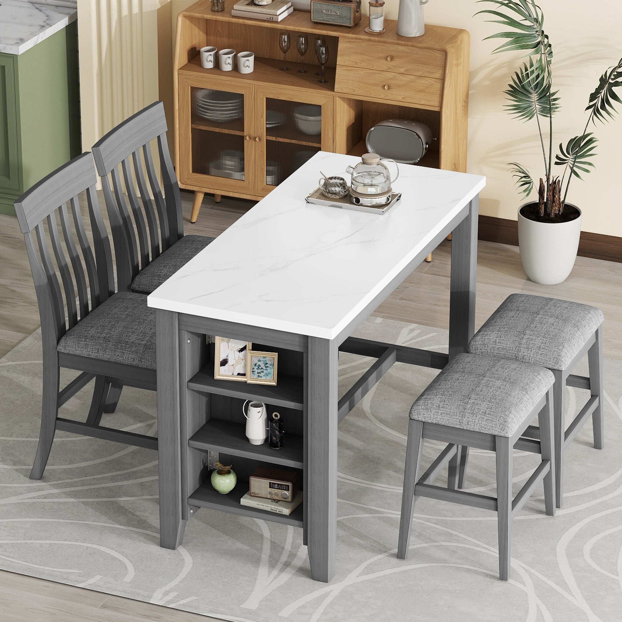 Counter Height Dining Table Set with Storage Shelves, Grey (5 Piece)