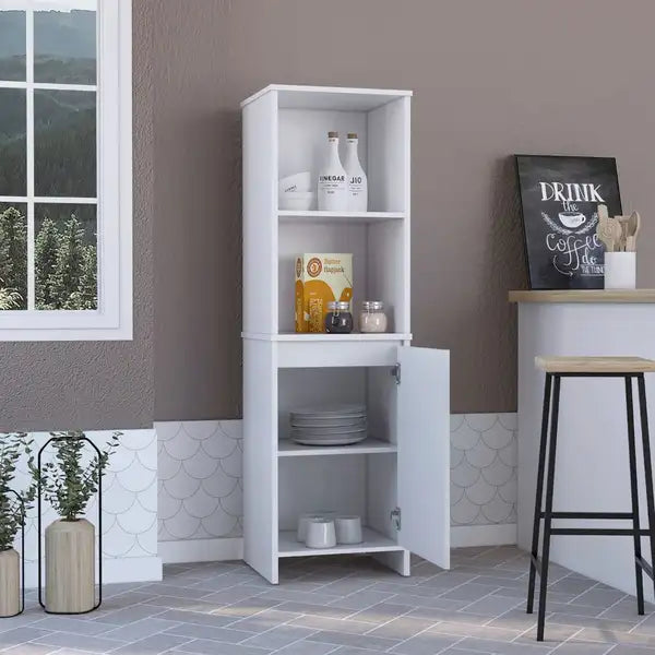 Kitchen Pantry 59" H, Two Open Storage Shelves, Single Door Cabinet, Two Interior Shelves, White - Minihomy