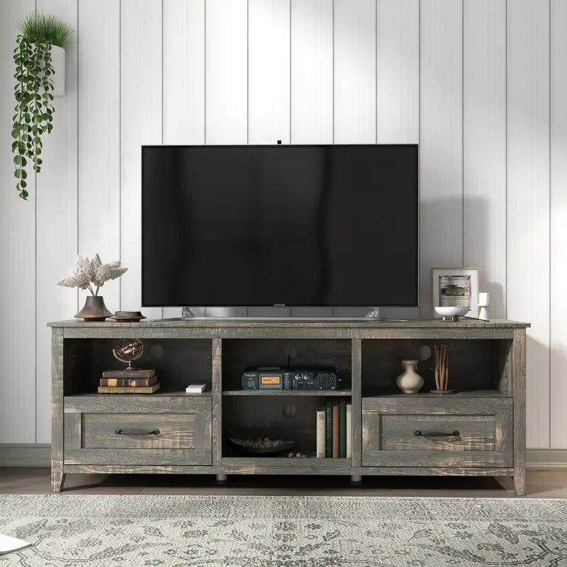 70" TV Stand with Storage - 2 Drawers, 4 Compartments, Black Pine