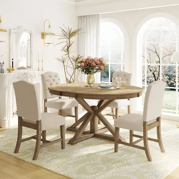 Extendable Dining Table Set with 4 Chairs, Retro Style, Natural Wood Wash - TREXM Functional Furniture