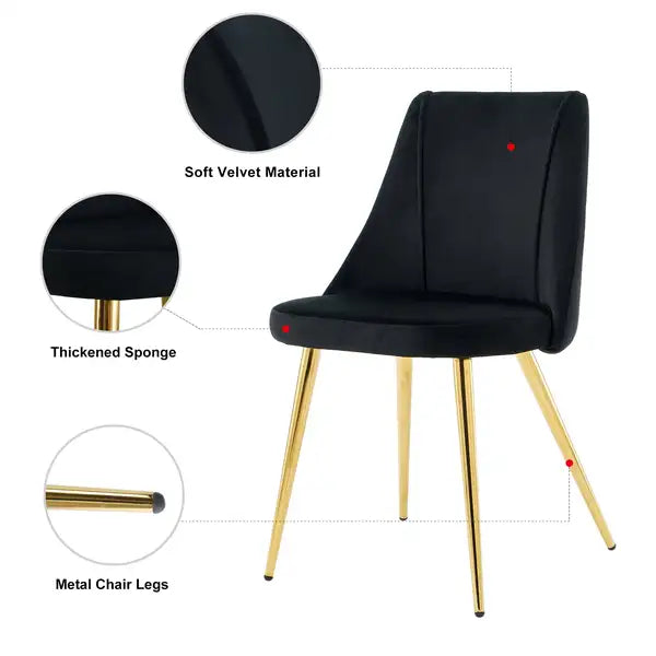 Black Velvet Dining Chairs Set of 4 - Modern, Gold Metal Legs, Home Bedroom Stool - Minihomy