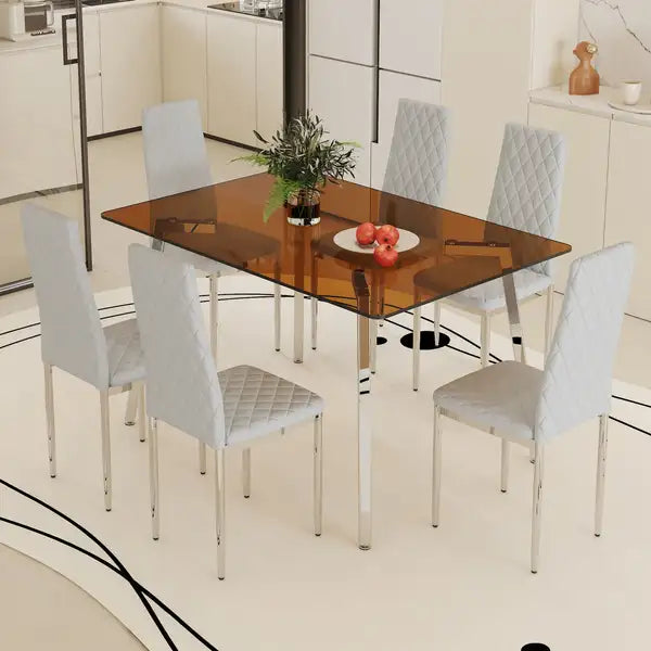 Modern Rectangular Glass Top Dining Table & 6 Grey Checkered Chairs Set - Silver Metal Legs