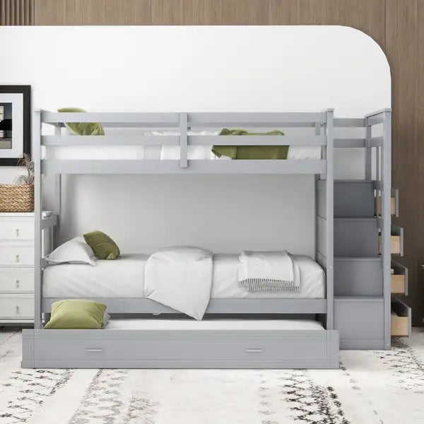 Twin Over Twin Bunk Bed with Trundle & Staircase - Gray