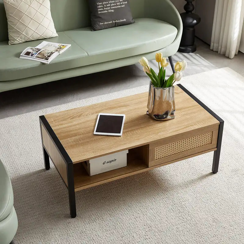 Modern Rattan Coffee Table with Storage - 40.16" Natural