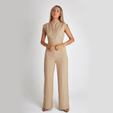 Fashion Elegant Long Sleeveless Jumpsuit Summer V-neck Casual Wide Leg Long Overalls Clothing For Women