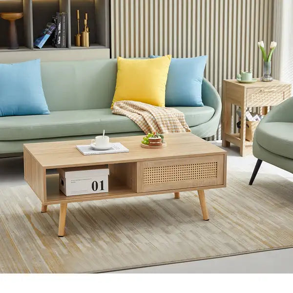 Modern Rattan Coffee Table with Storage & Solid Wood Legs - 41.34"