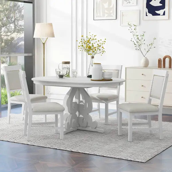 5-Piece Retro Dining Set with Extendable Table & Upholstered Chairs - Antique White