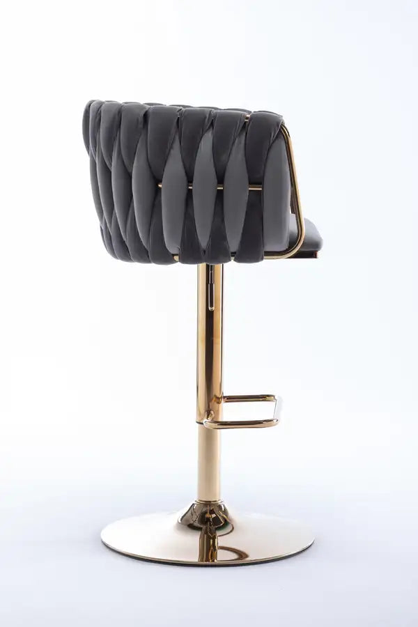 Set of 2 Adjustable Velvet Bar Stools with Chrome Footrest & Base - Grey & Gold