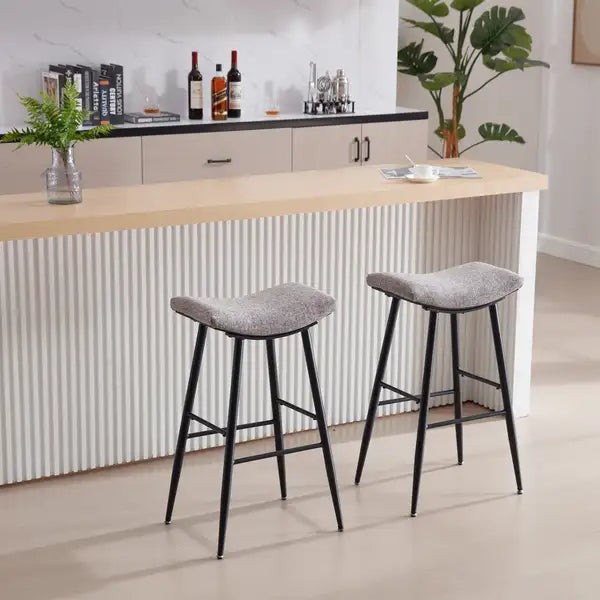 Counter Height Bar Stools Set of 2 - Linen Upholstered with Footrest - Dining Room Kitchen Island - Minihomy