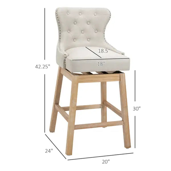 Cream Upholstered Bar Stools, 180° Swivel, Nailhead Trim, 30" Seat Height, Set of 2 - Minihomy