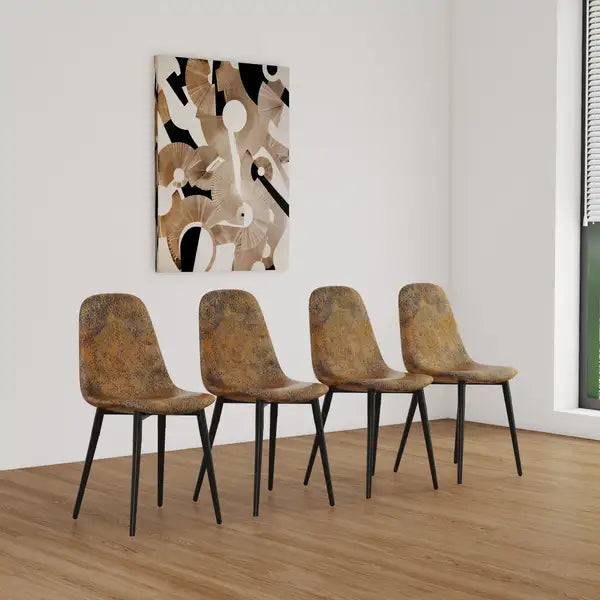 Modern Dining Chairs Set of 4, Spoon Shape Kitchen Chairs with Soft Suede Upholstery, Black Metal Legs (Brown)