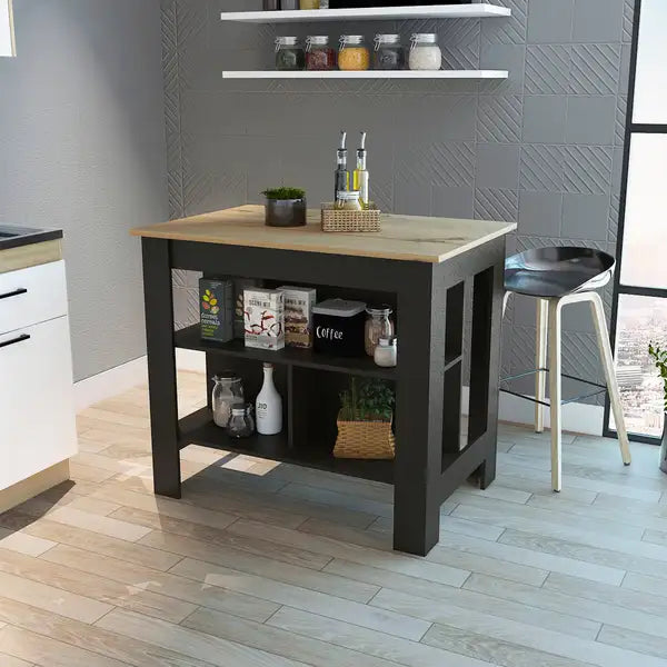 Rockaway Kitchen Island with 3 Shelves - Black Wengue & Light Oak